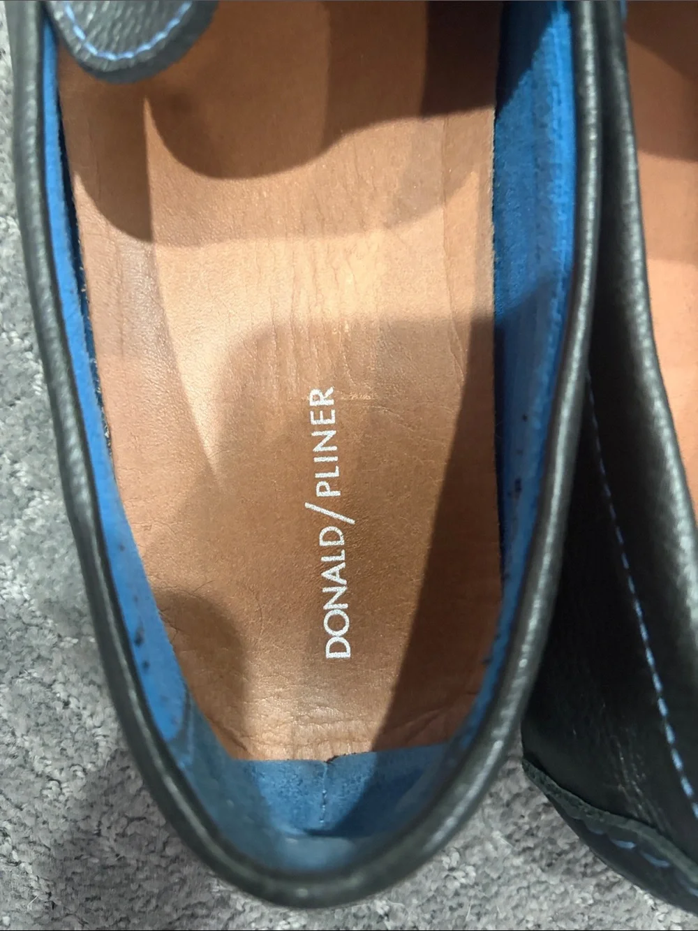 Donald J. Pliner Black Leather Penny Loafers with Blue Stitching
